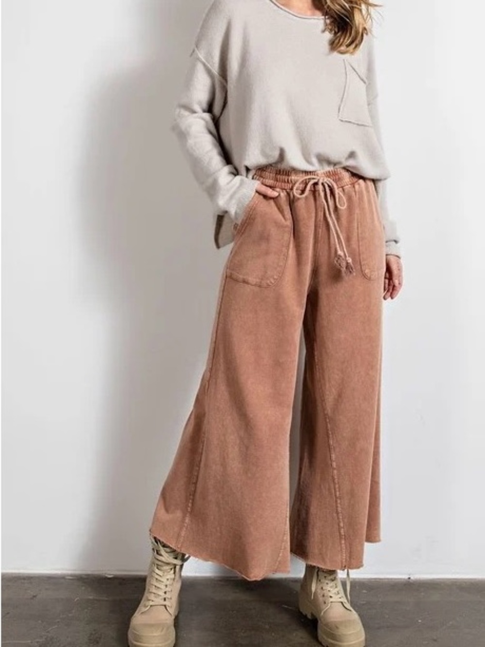 Easel Mineral Washed Terry Knit Wide-Leg Pants-"Red Bean"- Sz 1x-NWOT